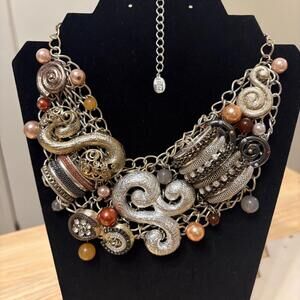 Vintage Lucia Chunky Bib Metal Statement Necklace Gold Tone Silver Tone Beads